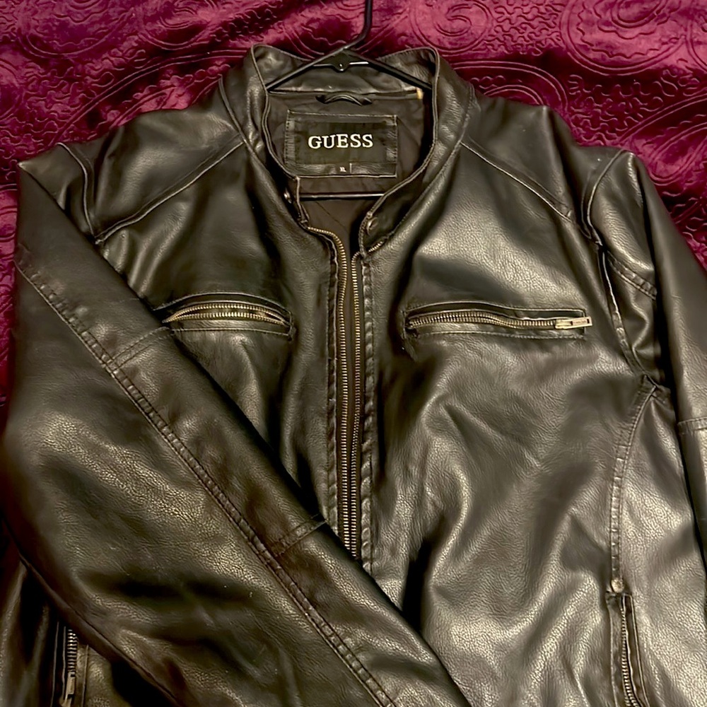 LEATHER BLACK Jacket SEXY!  XL GUESS